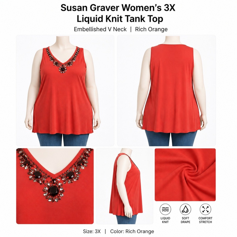 Susan Graver Womens 3X Liquid Knit Tank Top Embellished V Neck Rich Orange A2553